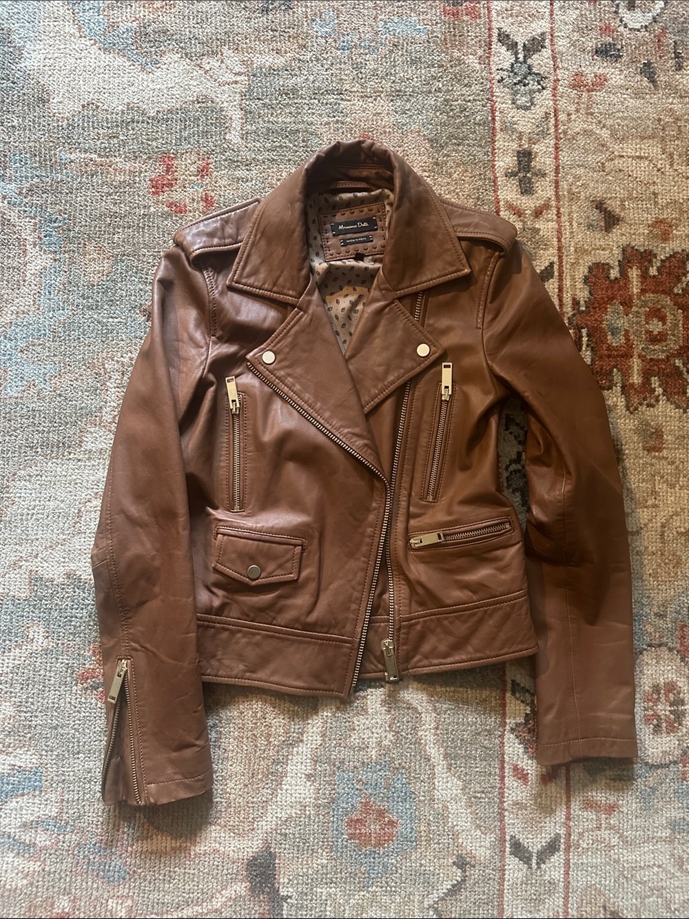 Massimo Dutti Cognac Leather Moto Jacket